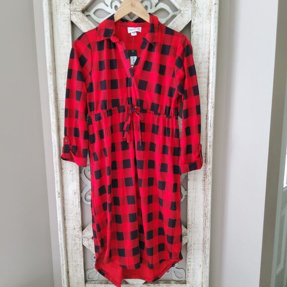 Times Two Maternity 3/4 Sleeve Collard V-Neck Elastic Waist Dress Buffalo Plaid - Picture 6 of 9